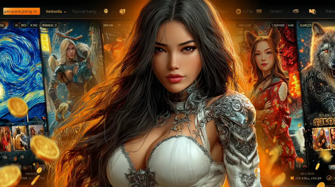 A glamorous woman with curly hair holds a smartphone showing a vibrant slot game, with dice and chips floating around, inviting you to play exciting mobile casino games at KING1.