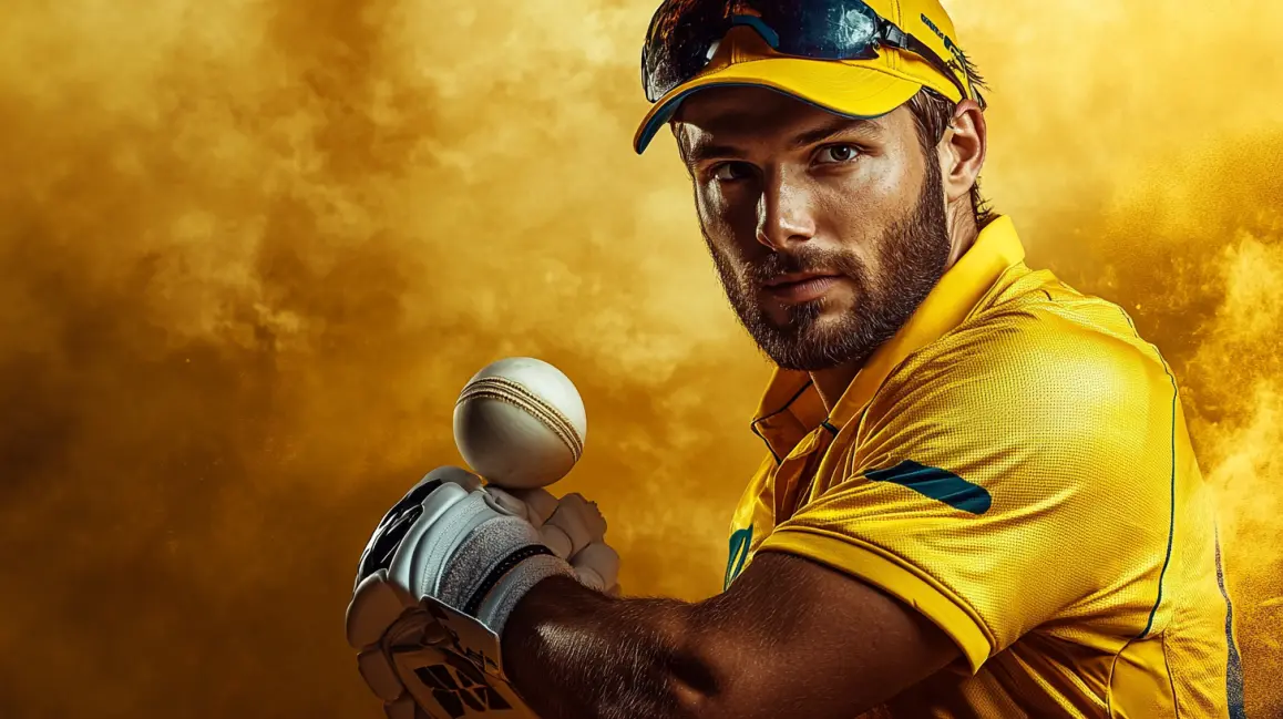 A handsome cricket player in a tropical setting represents the international cricket matches from around the world that you can bet on with the KING1 sports app.