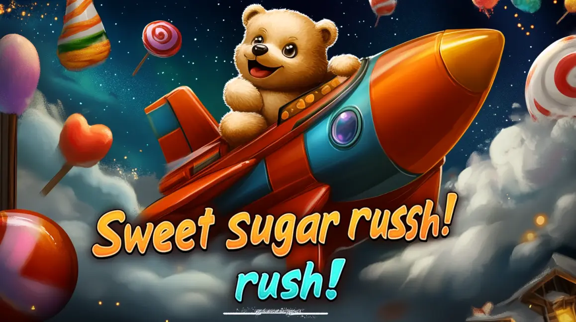 A cute teddy bear flies a candy-filled spaceship in the 'Sweet suggar rush!' game, a delightful slot adventure with delicious wins available to play now at KING1.