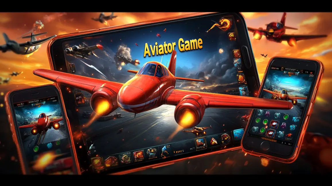 A woman in a pink dress holds a phone showing the 'Aviator Game', with a 777 slot machine nearby, blending classic casino fun with modern crash game excitement at KING1.