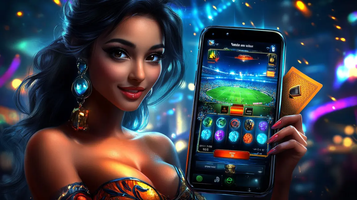 A stylish woman with blue hair and sunglasses holds a phone with a 'LOGIN' button, inviting you to sign in to your KING1 account for a fun and rewarding tropical gaming session.