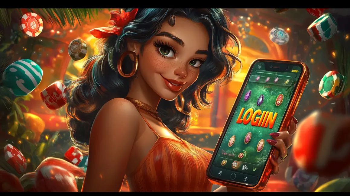 An animated woman is framed by a phone screen showing a 'LOGIN CASINO' sign, inviting you to sign in to the fun and vibrant world of KING1 online casino games.